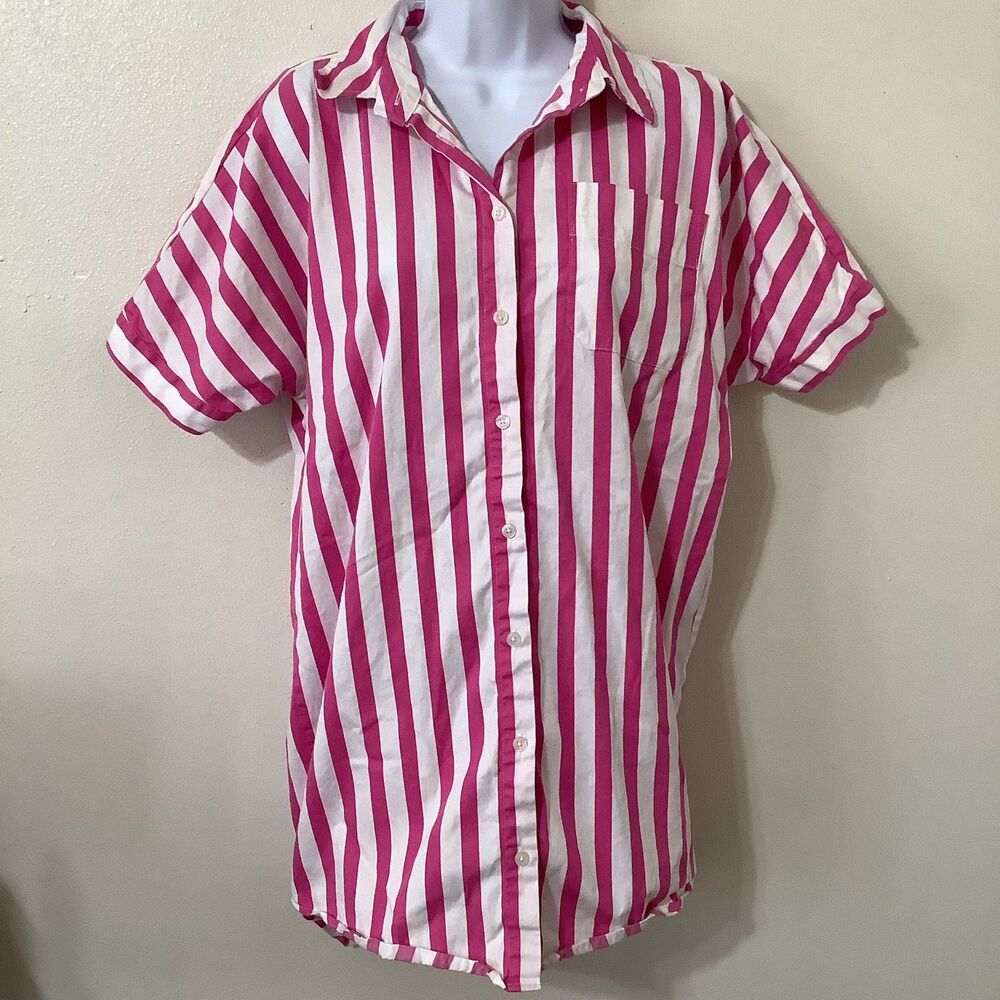 Pink White Spring Summer Striped Coastal Beachy Cotton Button Up Shirt Dress XS